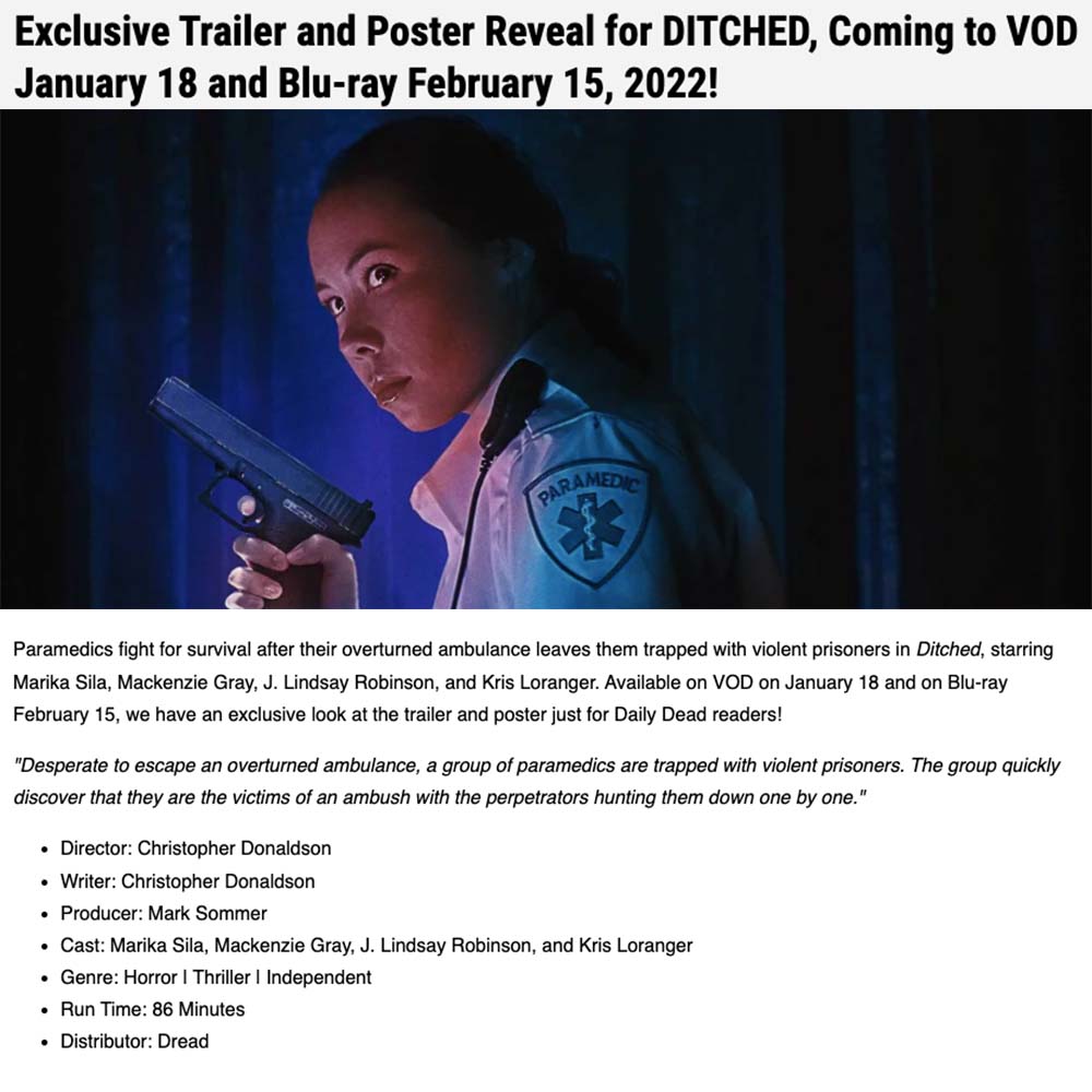 Exclusive Trailer and Poster Reveal for DITCHED, Coming to VOD January 18 and Blu-ray February 15, 2022!